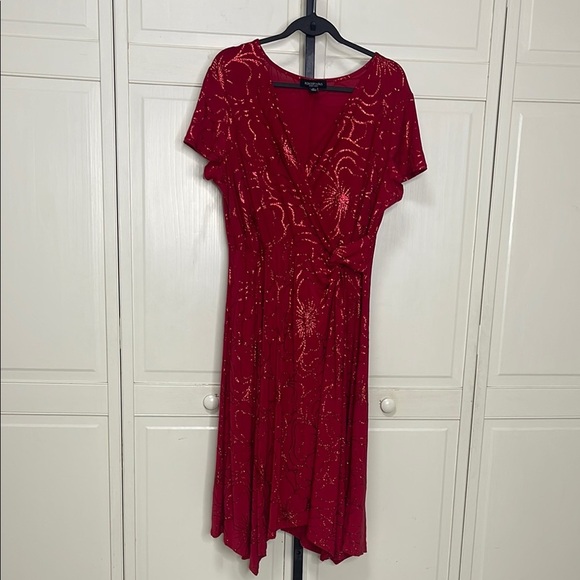 Perceptions New York Women’s Red Glitter Floral Midi Dress Fit Flare Size XL - Picture 1 of 11